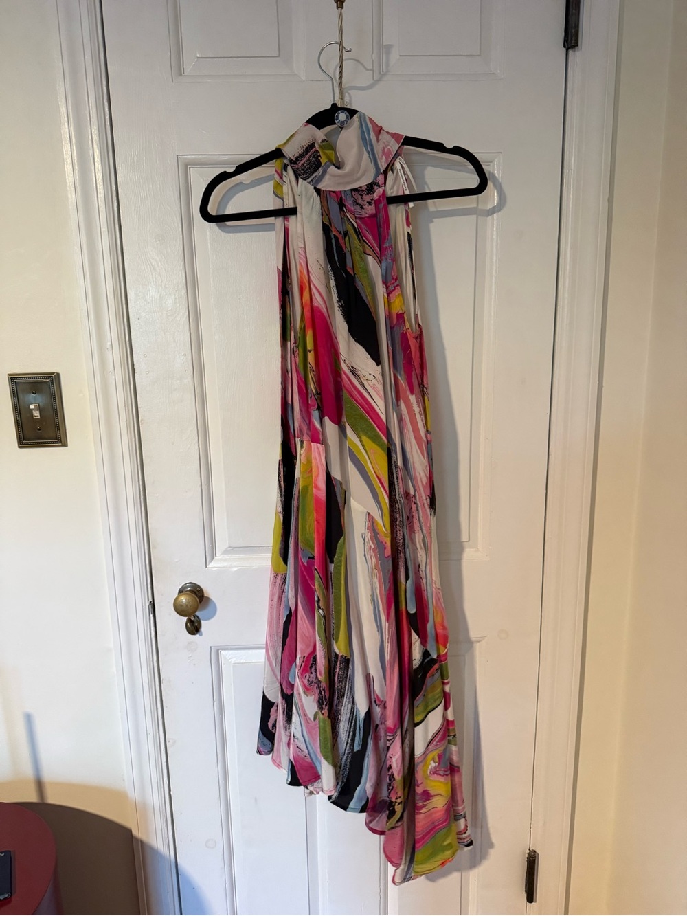 Anthropologie One-Shoulder Halter Dress in Pink, Green, Black & White